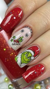 grinch nails Classic red with tiny Grinch sketches