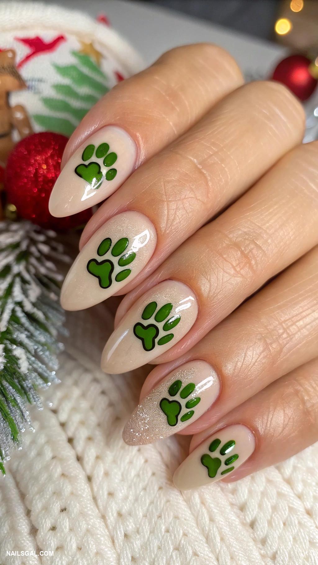 grinch nails Grinch paw print on nude base
