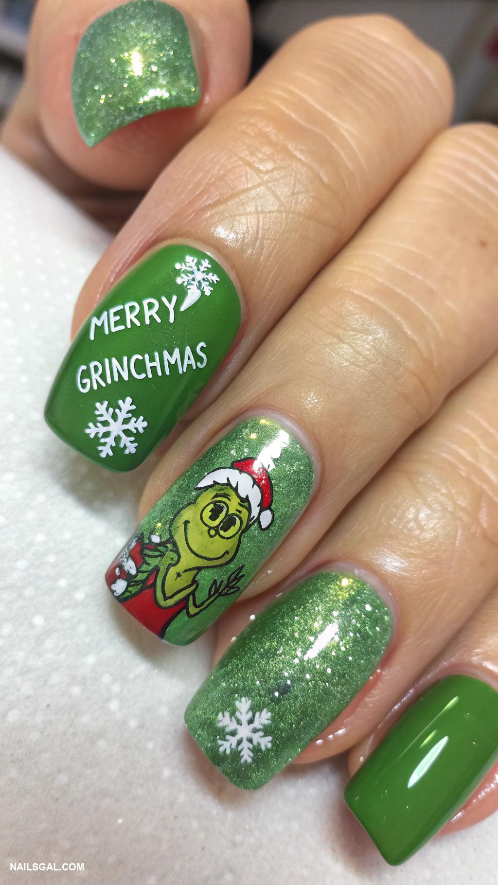 grinch nails Merry Grinchmas text on bold nails