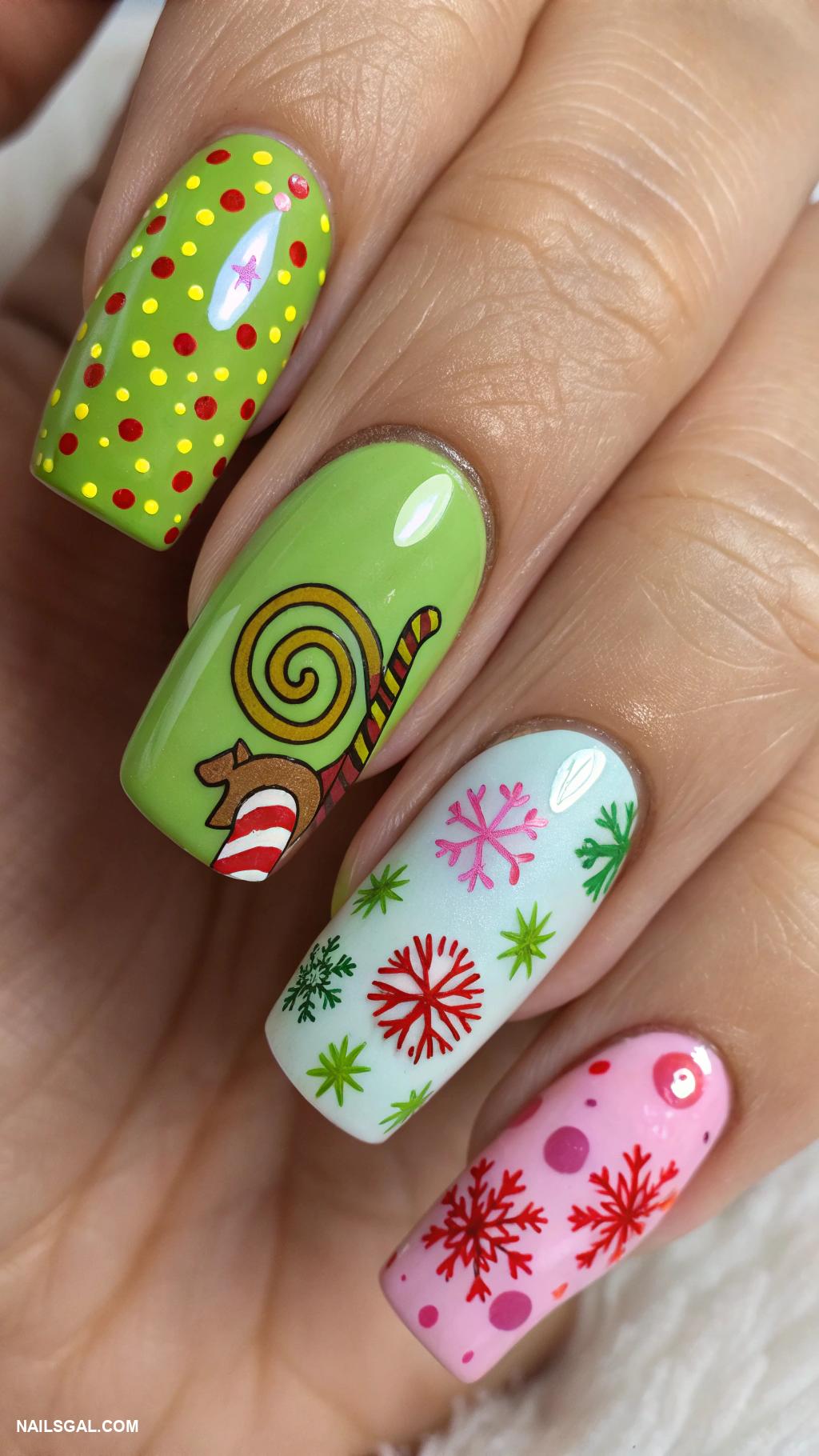 grinch nails Whoville inspired colorful nail art