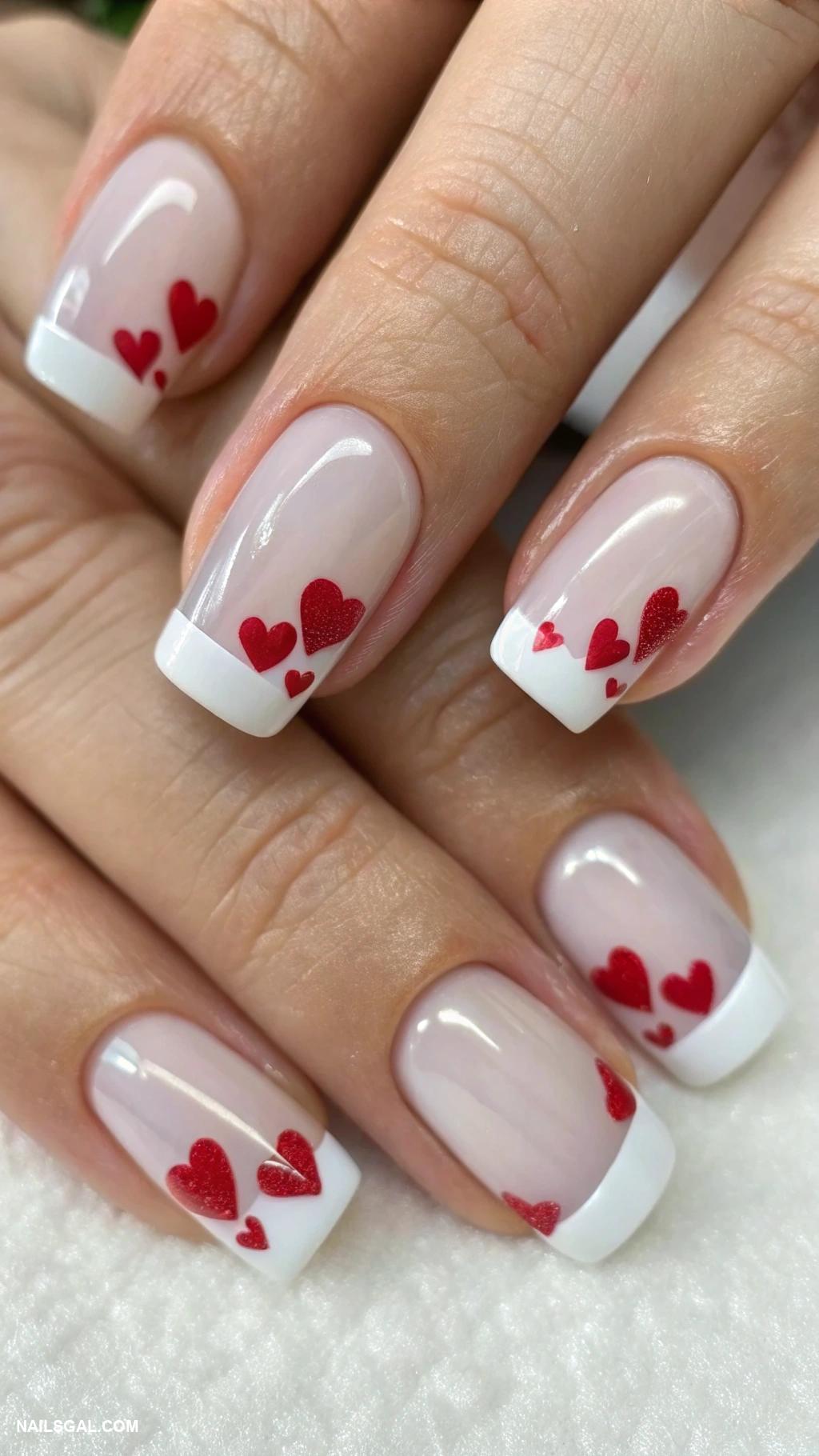 heart nails French tips with heart embellishments