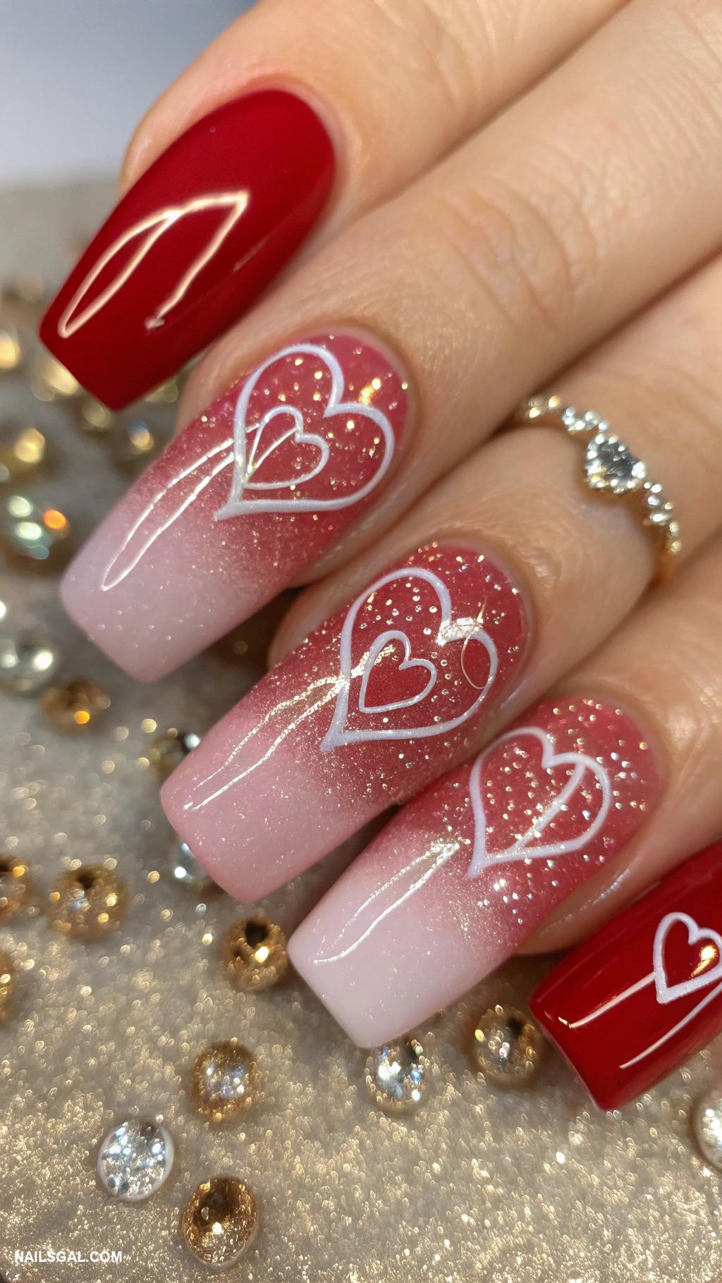 heart nails Glittery background with heart designs