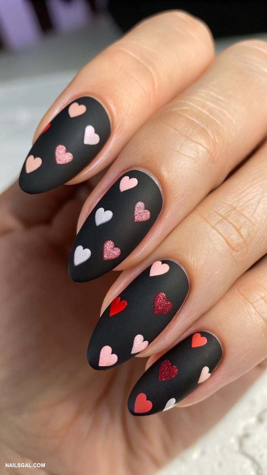 heart nails Matte black nails with heart stickers