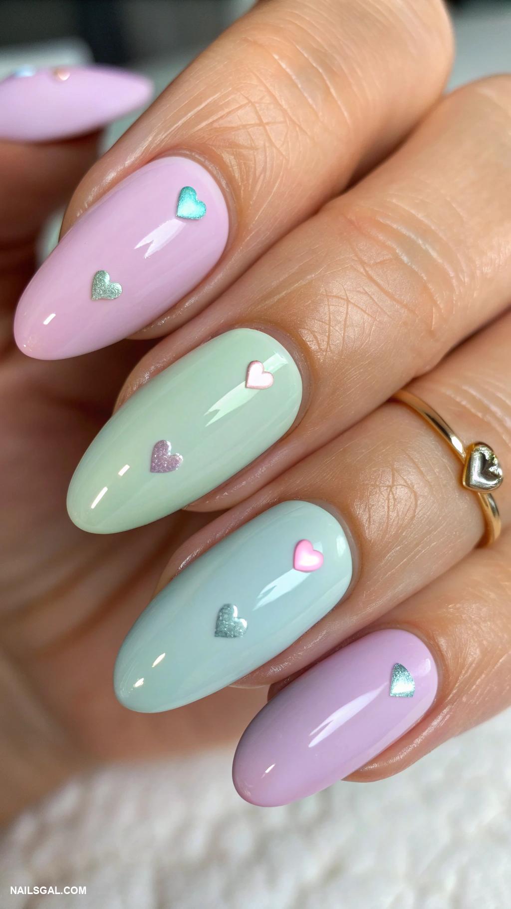 heart nails Pastel colors with tiny heart accents