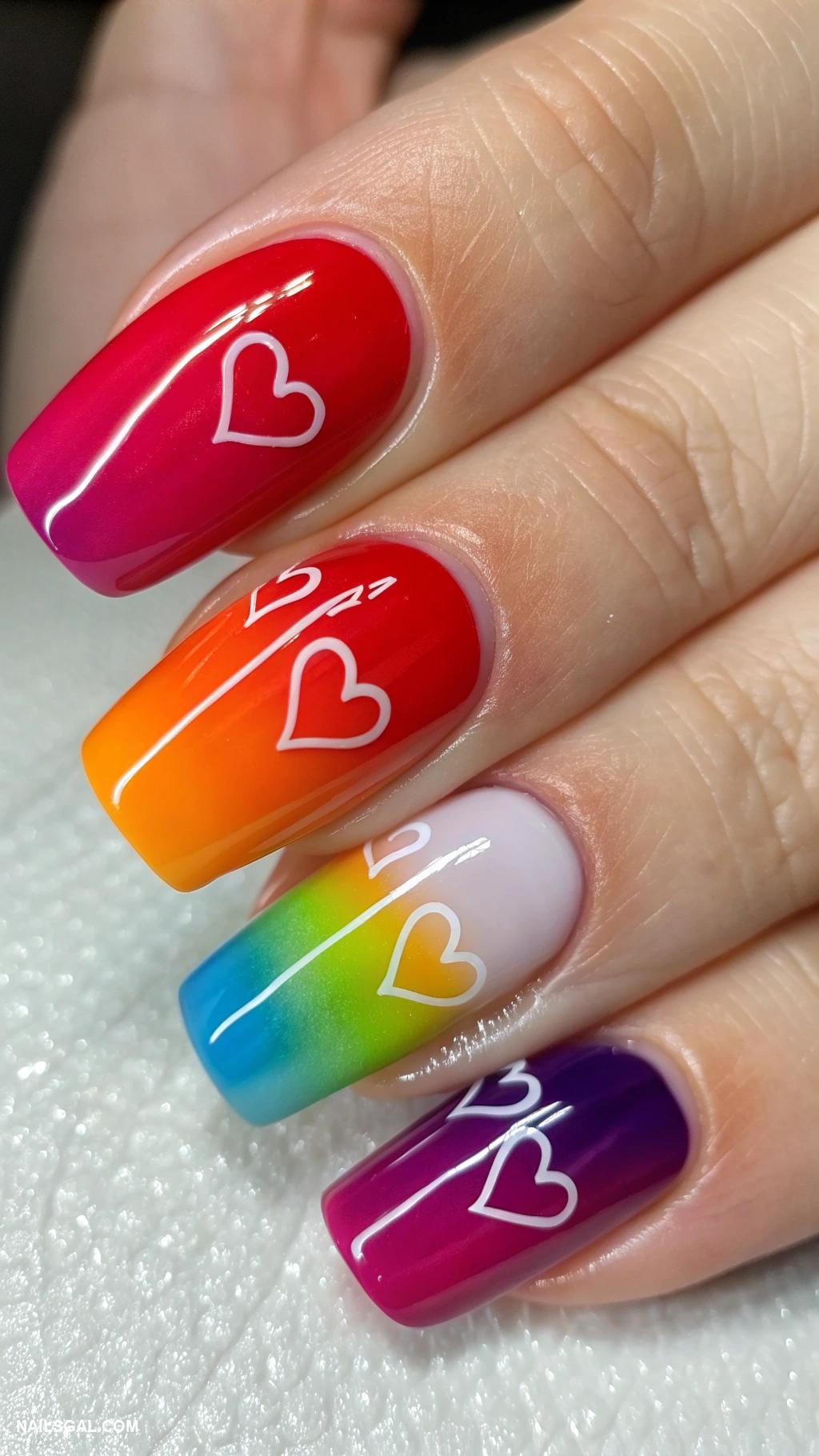 heart nails Rainbow colors with heart outlines