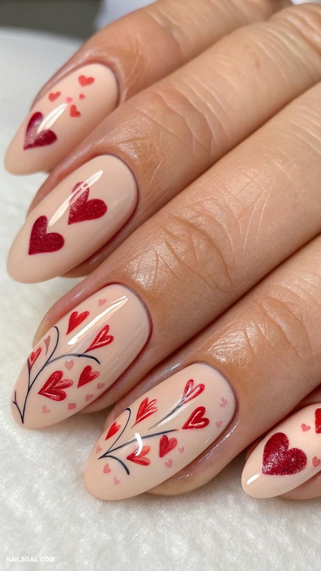 heart nails Red hearts on nude base