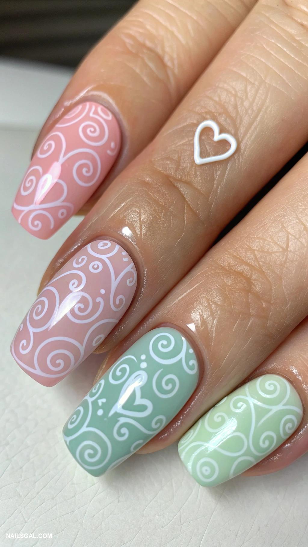 heart nails Swirls and heart patterns on each nail