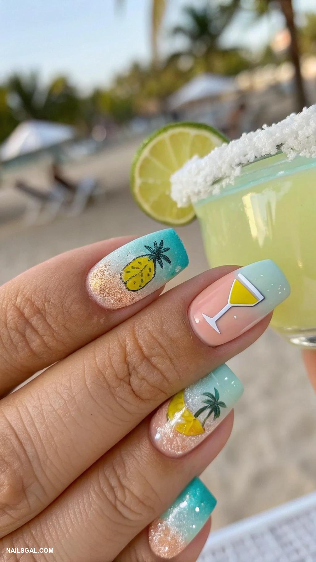 margarita nails Beach scene with margarita glass