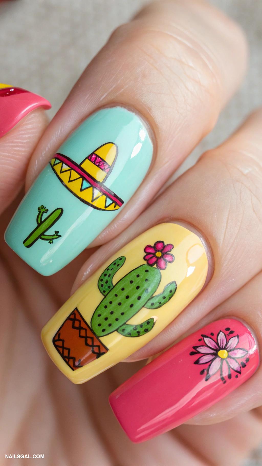 mexico nails Sombrero and cactus nail art