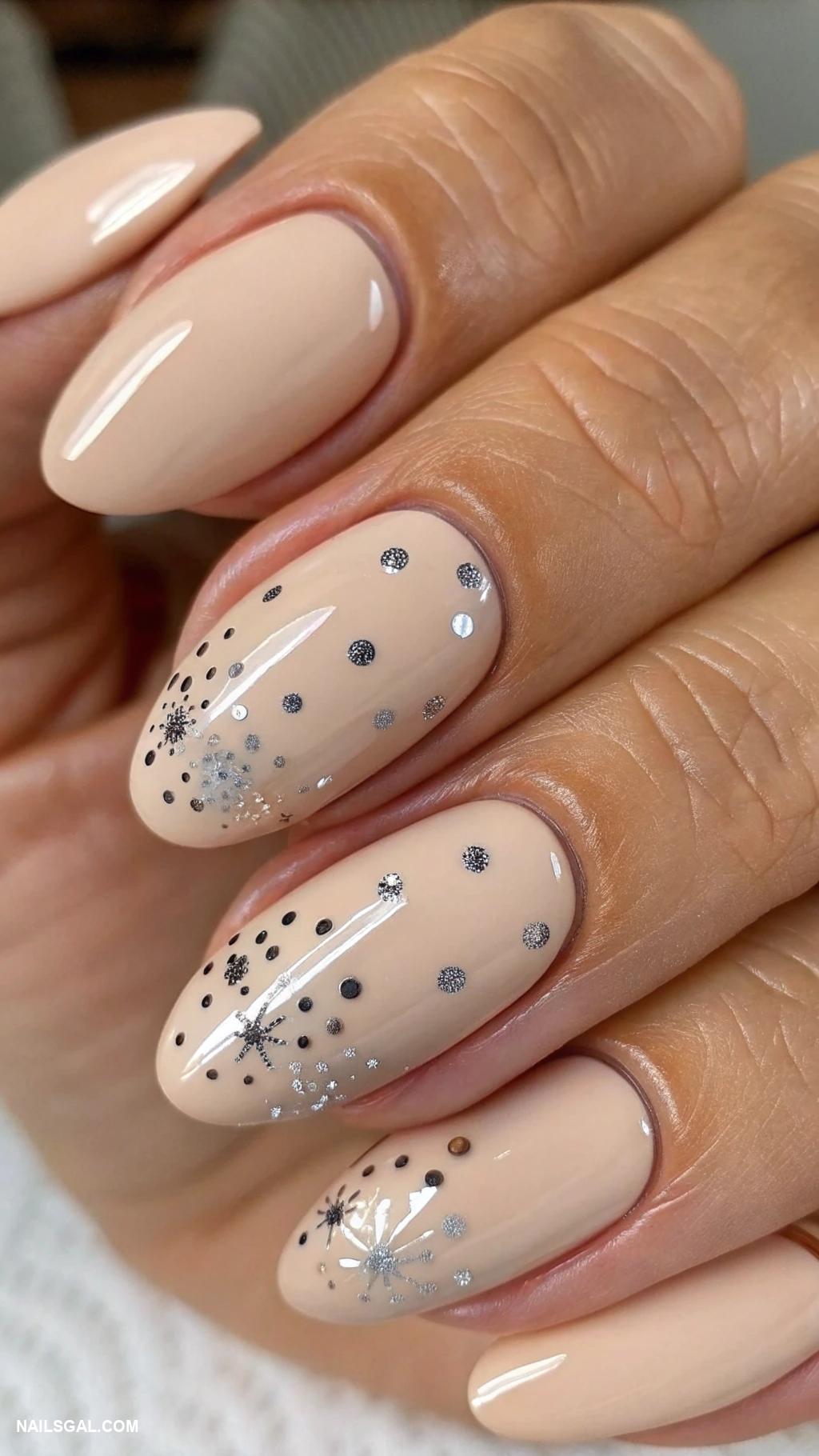 neutral christmas nails Beige nails with silver dot patterns