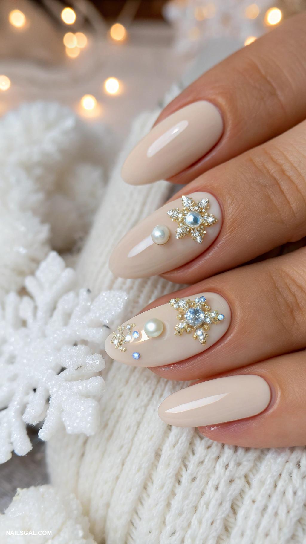 neutral christmas nails Cream base with delicate pearl accents