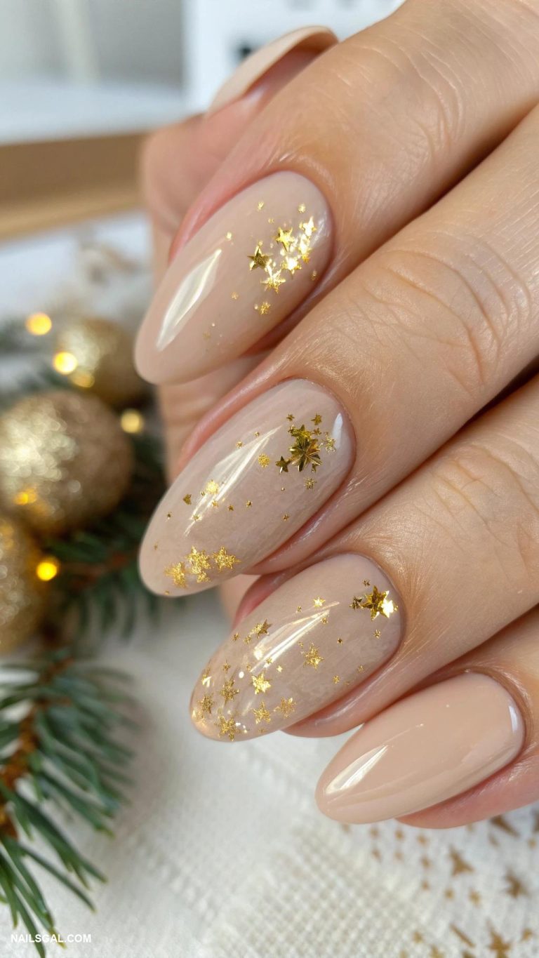 neutral christmas nails Nude polish with subtle gold flakes