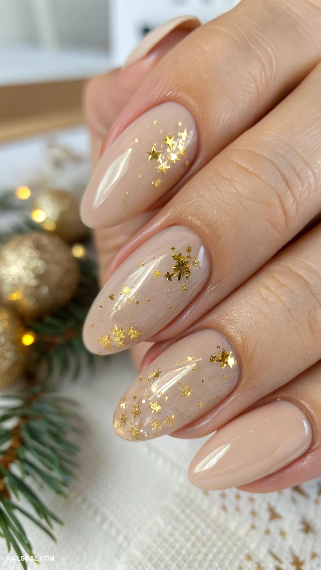 neutral christmas nails Nude polish with subtle gold flakes
