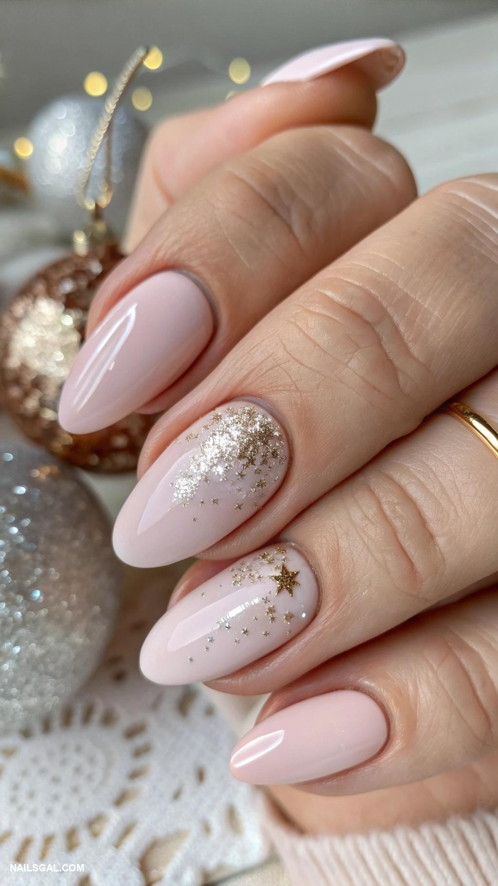 neutral christmas nails Pale pink with muted glitter