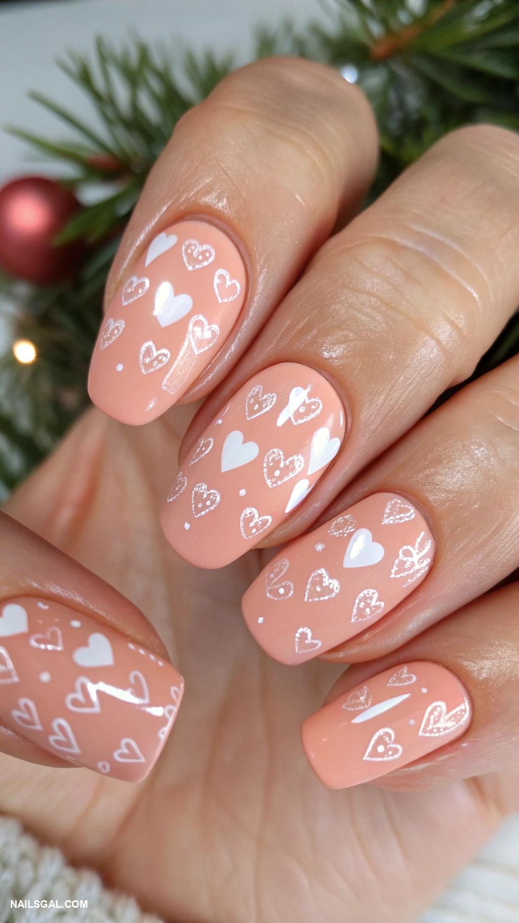 neutral christmas nails Peach nails with tiny white hearts