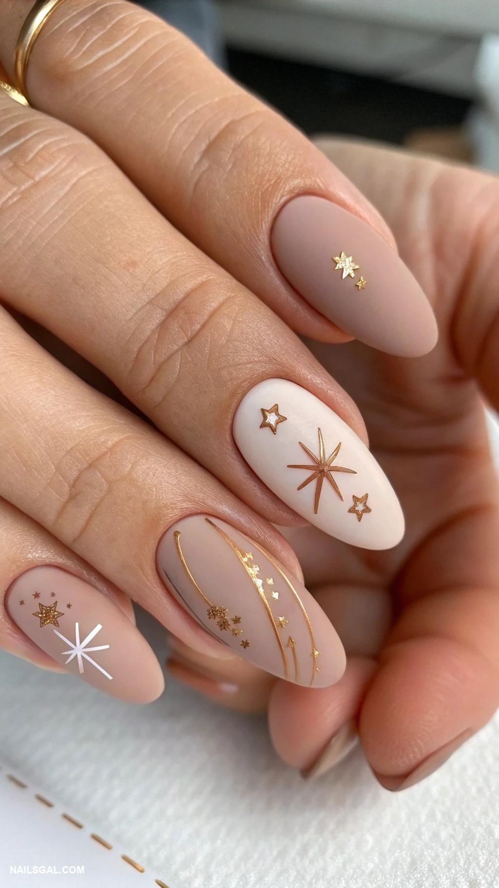 neutral christmas nails Soft almond shape with light brown