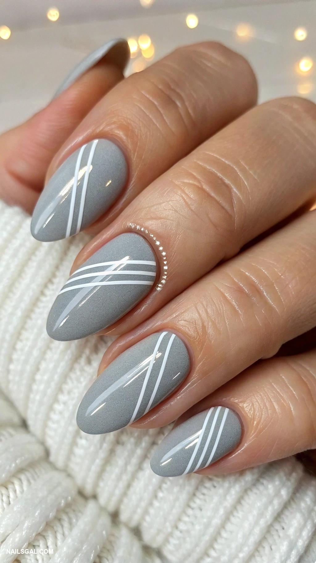neutral christmas nails Sophisticated gray with white stripes