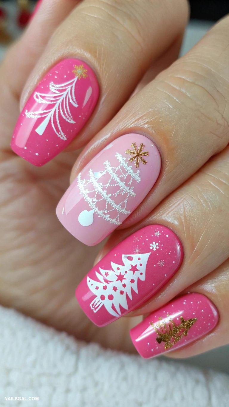 pink christmas nails Bright pink with Christmas tree art