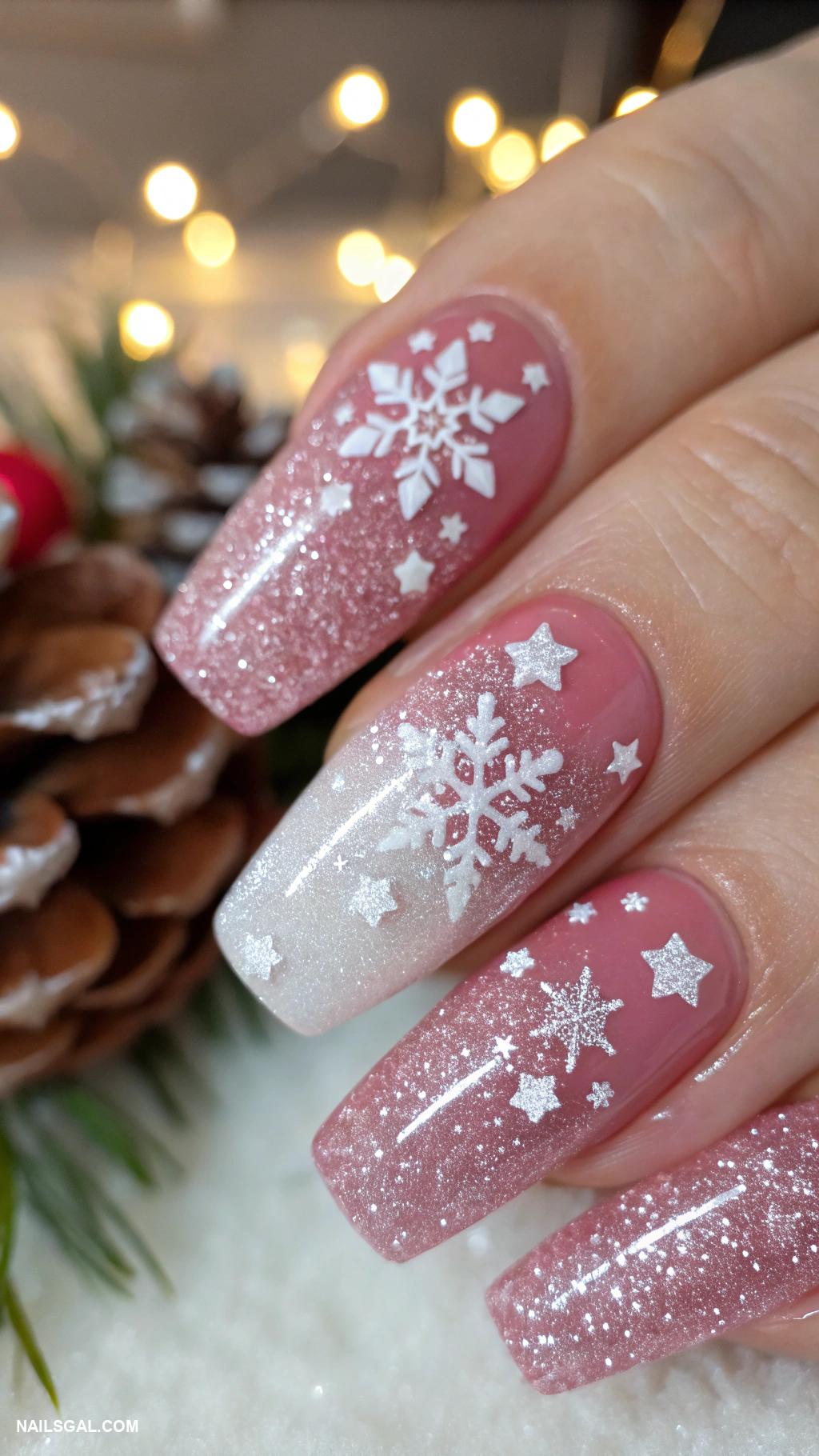 pink christmas nails Glittery pink with tiny ornaments