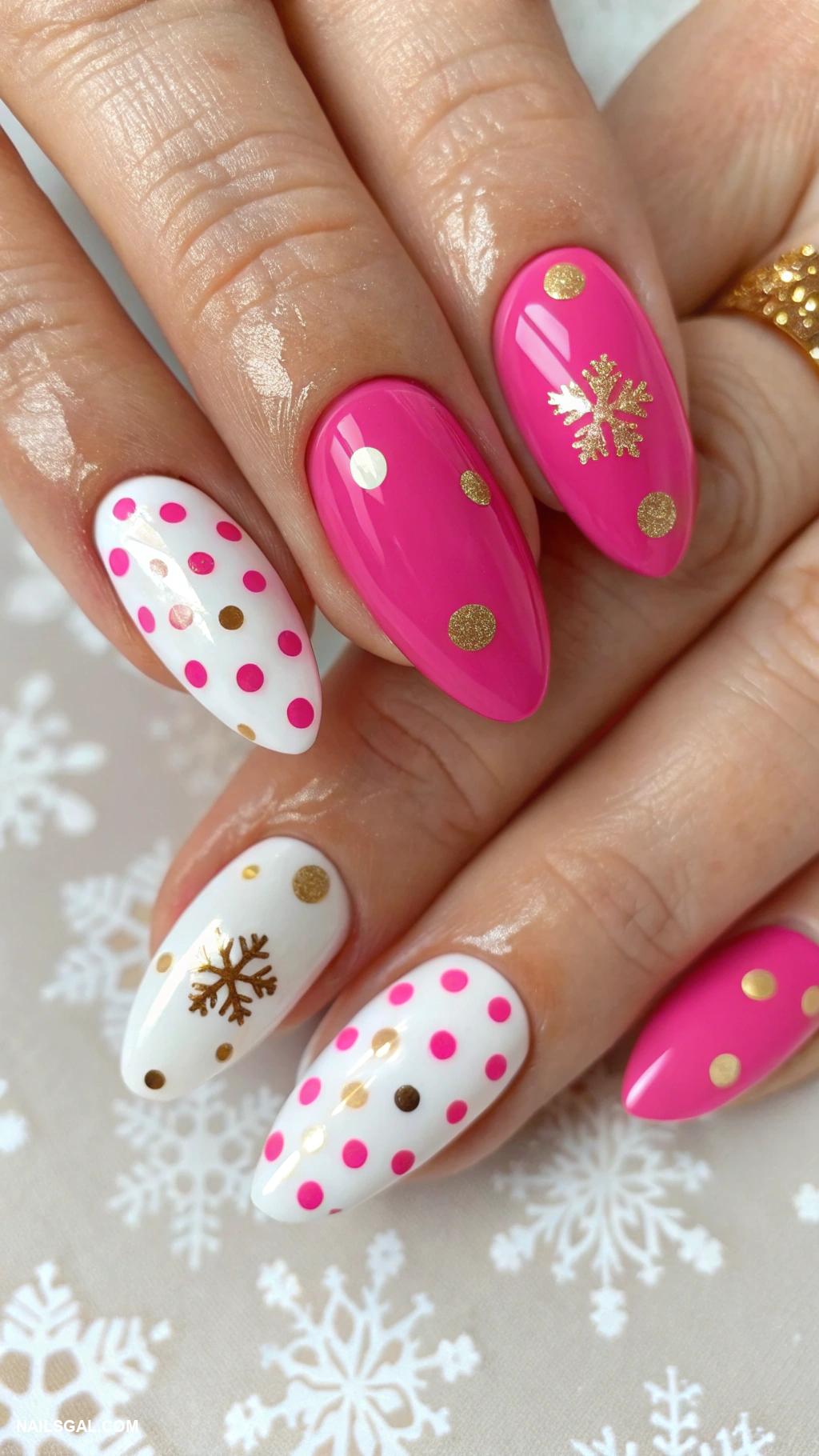 pink christmas nails Hot pink with festive polka dots