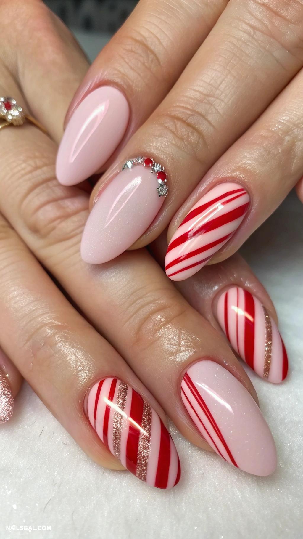 pink christmas nails Light pink with candy cane stripes