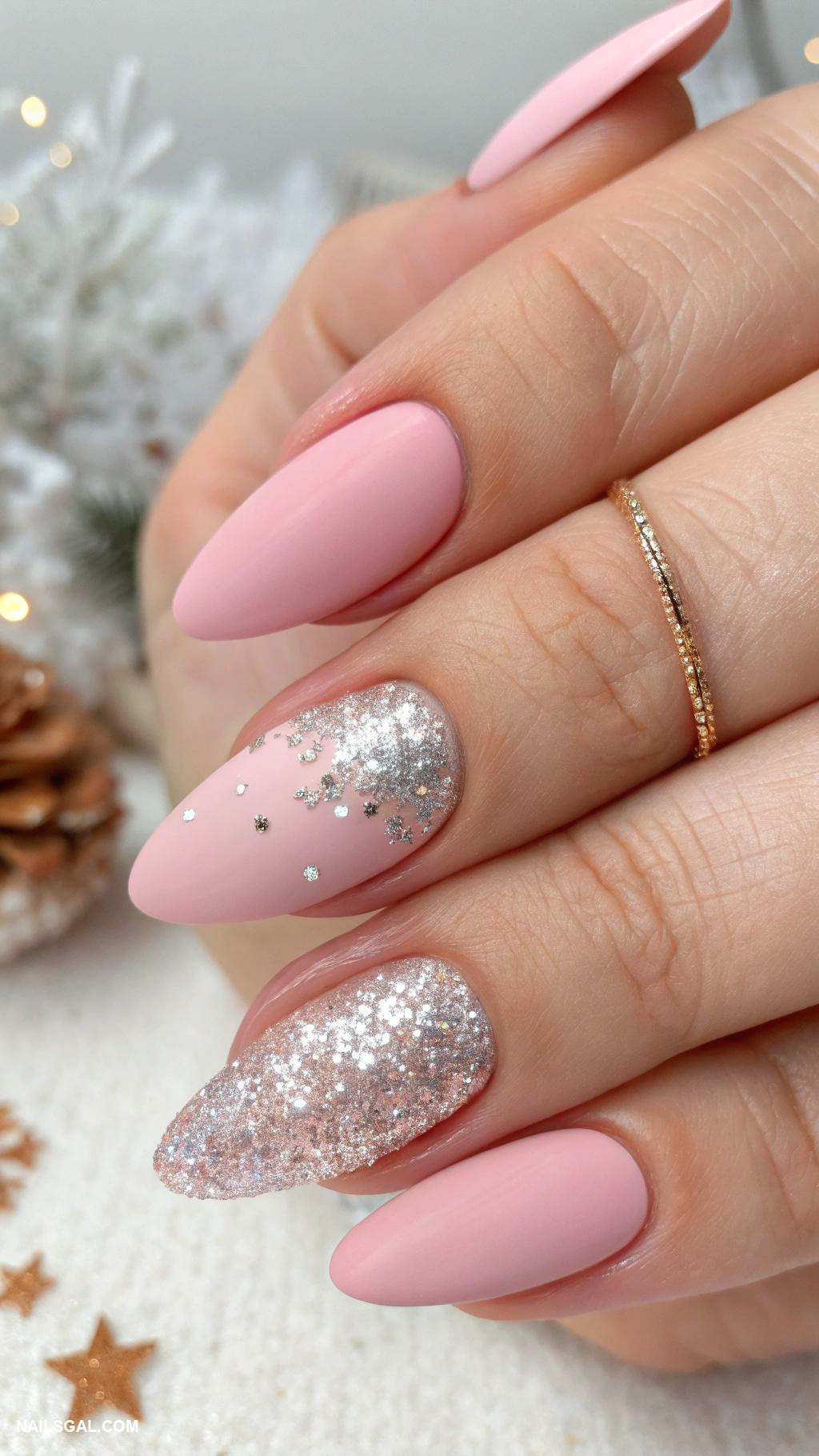 pink christmas nails Matte pink with glitter tips