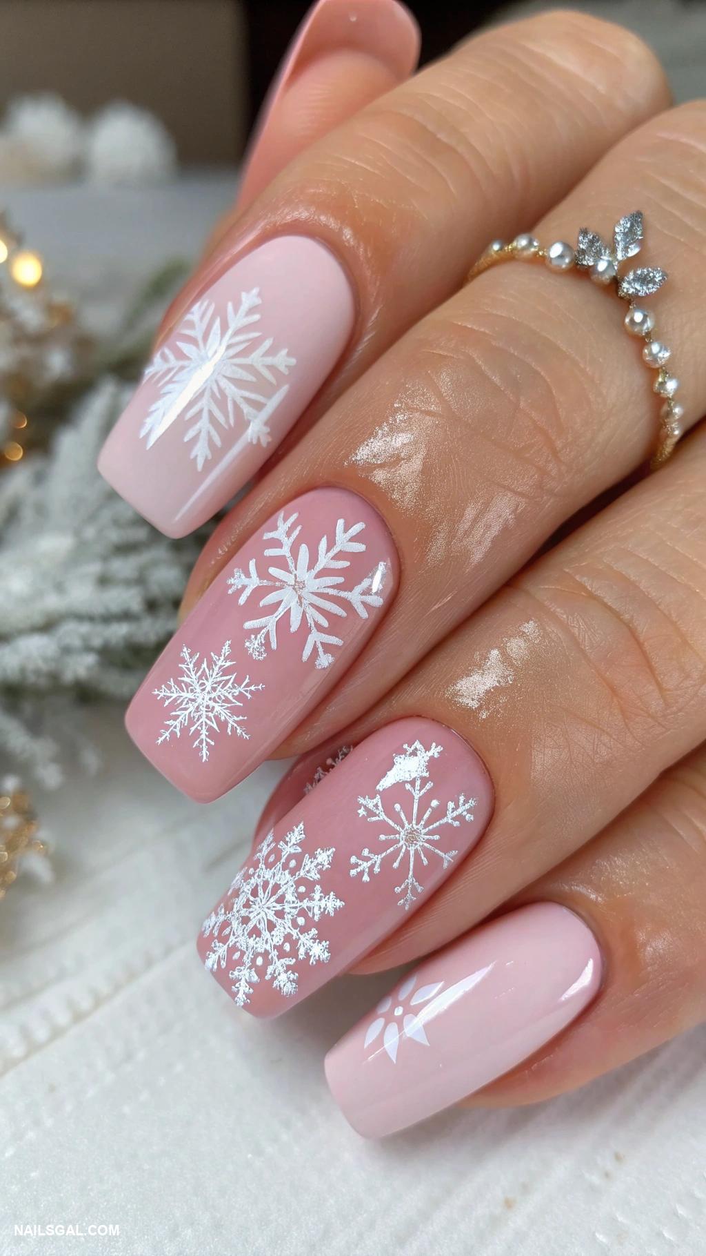 pink christmas nails Pastel pink with snowflakes design