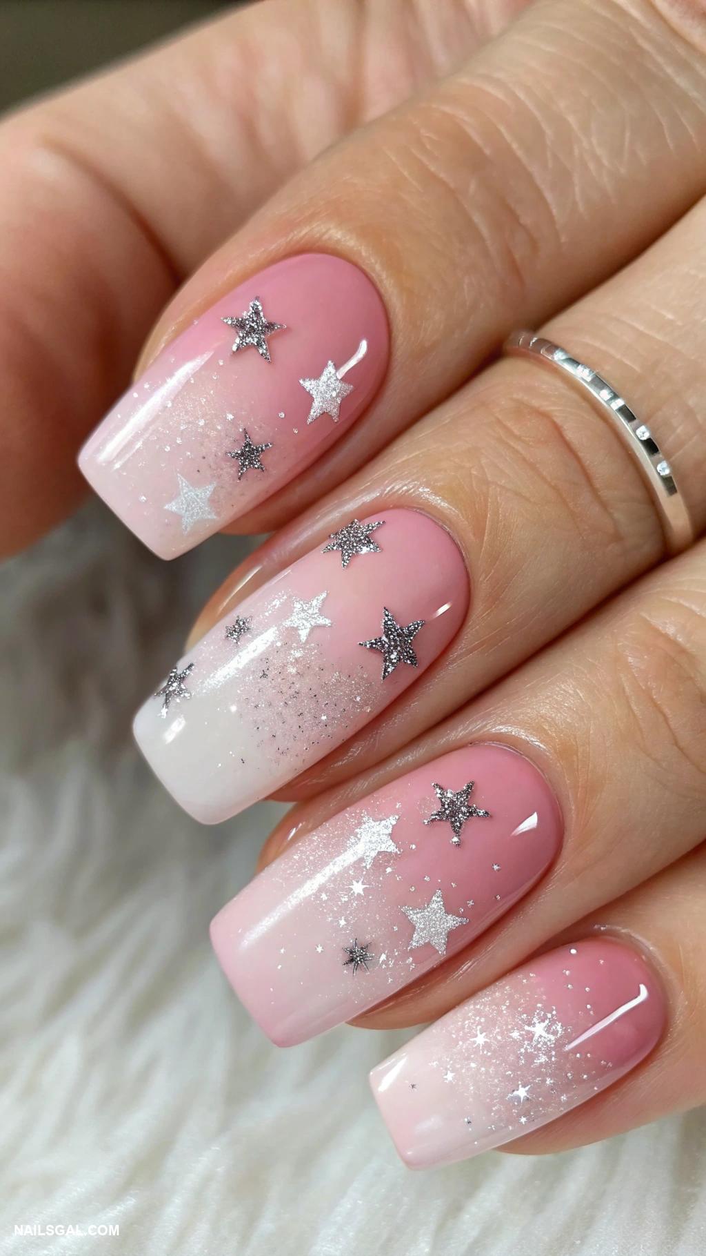 pink christmas nails Pink ombre with silver stars