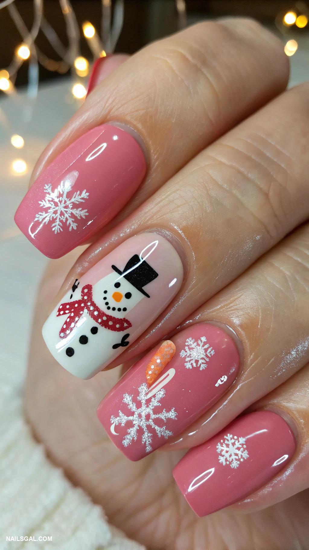 pink christmas nails Raspberry pink with a snowman nail