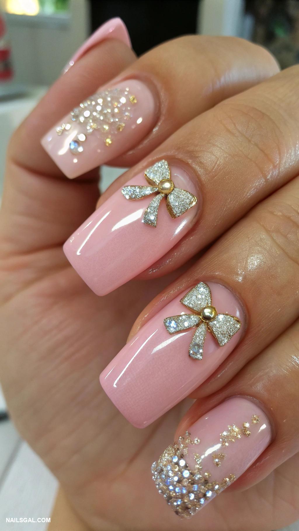 pink christmas nails Shimmering pink with bow designs