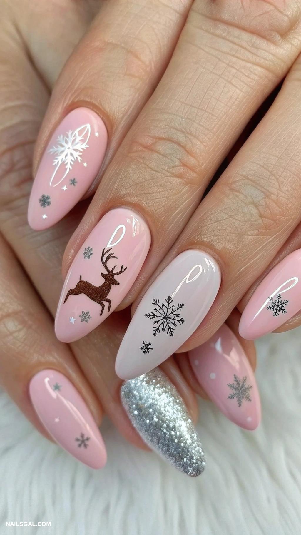 pink christmas nails Soft pink with reindeer accents