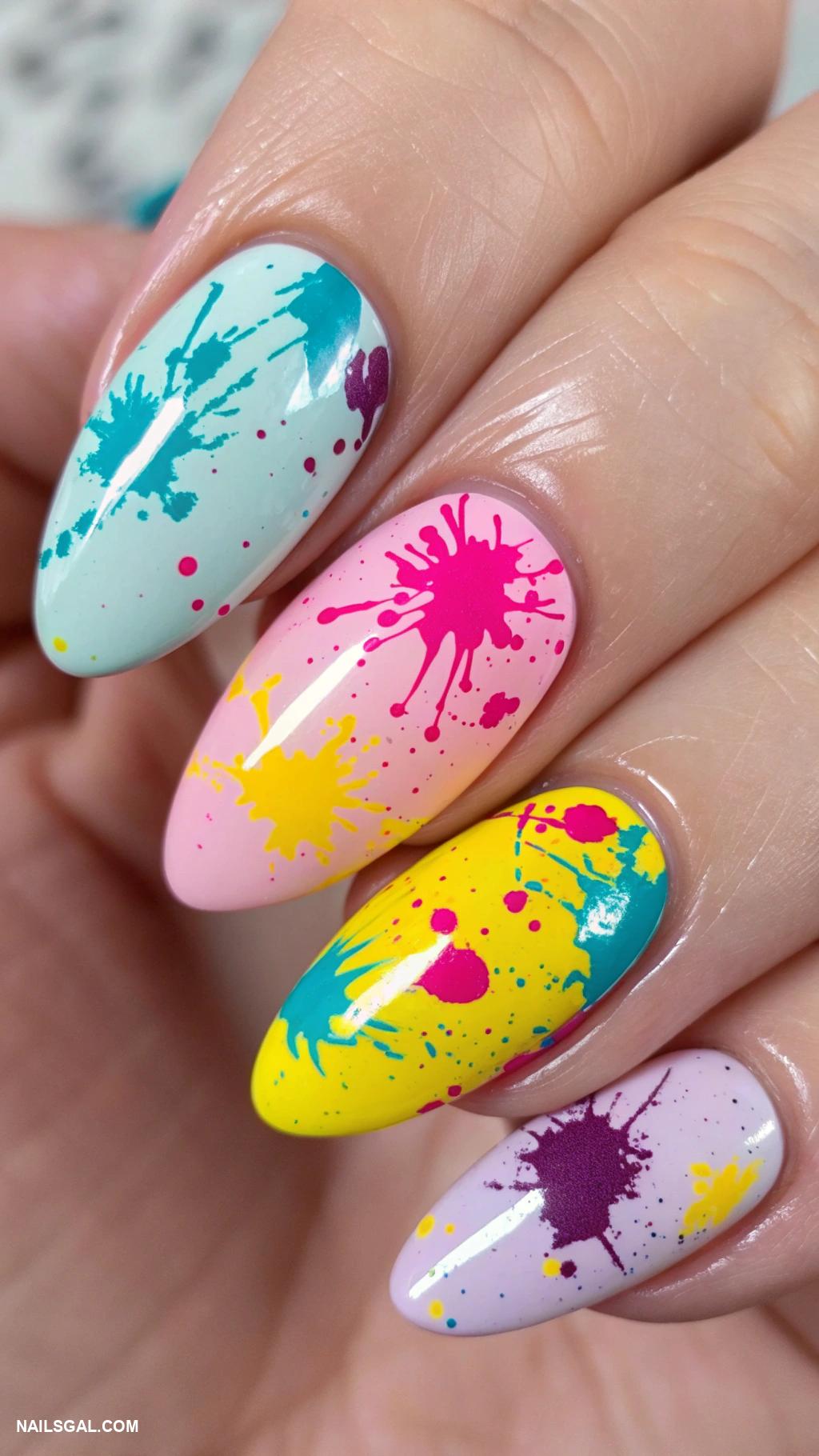 prom nails Artistic splatter design in vibrant hues