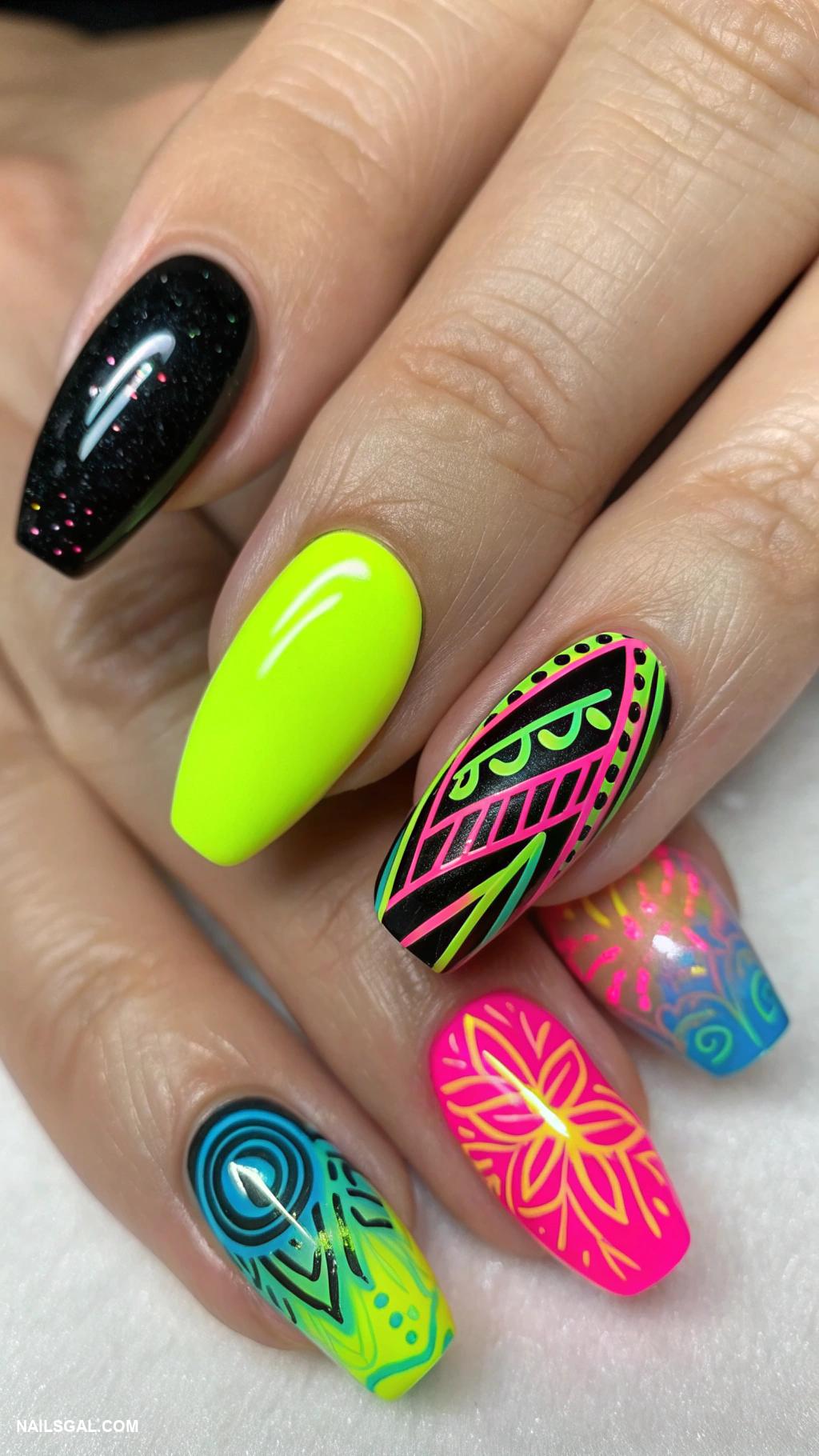 prom nails Bright neon colors with black base