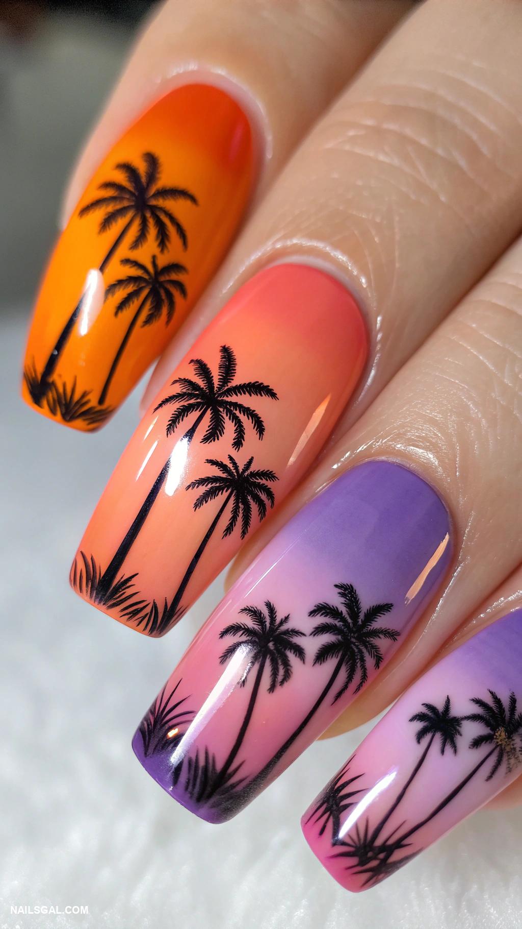 prom nails Gradient sunset colors with palm trees