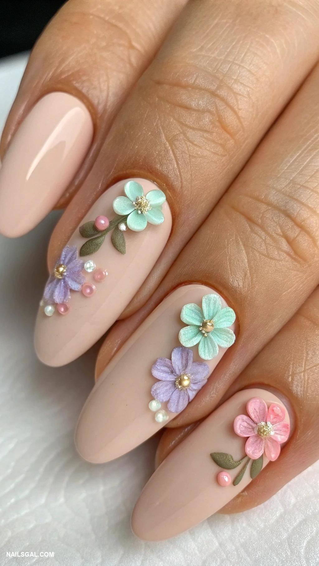 prom nails Pastel floral accents on nude