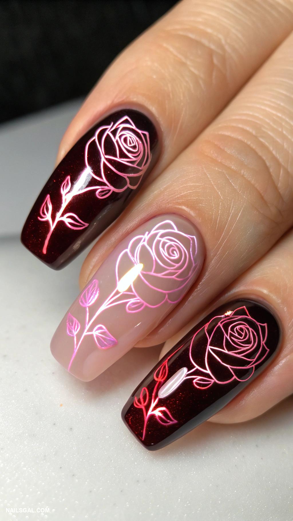 roses nails Dark background with glowing rose details