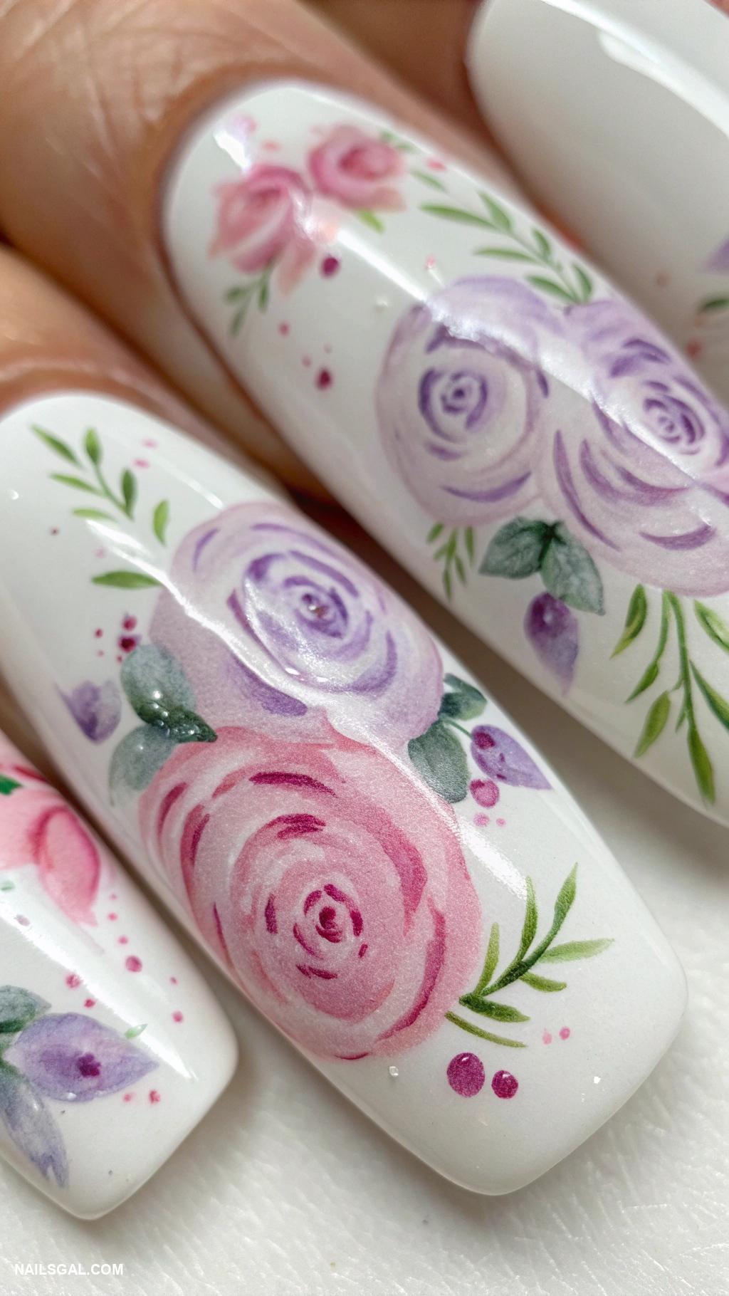 roses nails Delicate watercolored roses on white nails