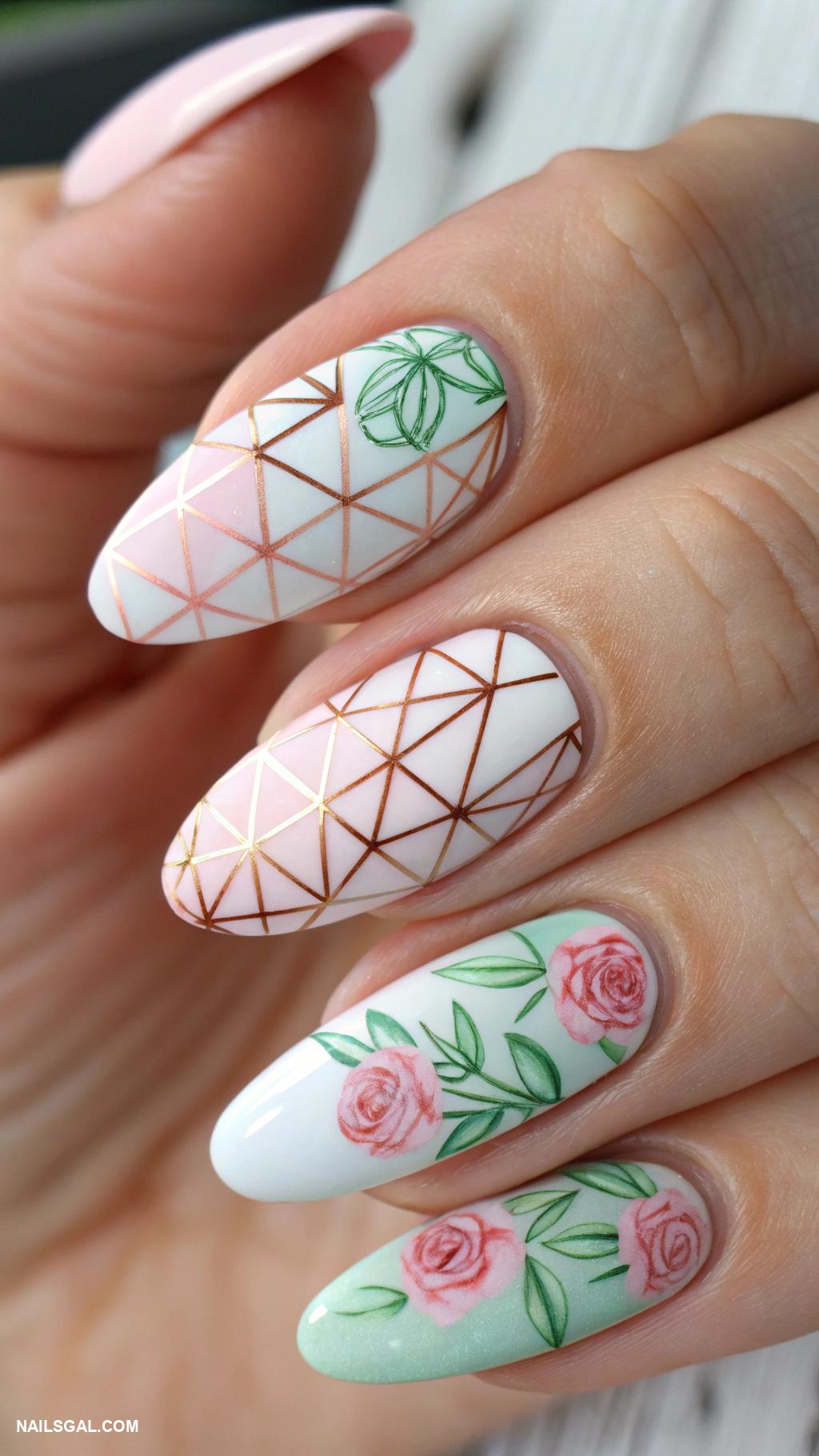 roses nails Geometric patterns with rose motifs