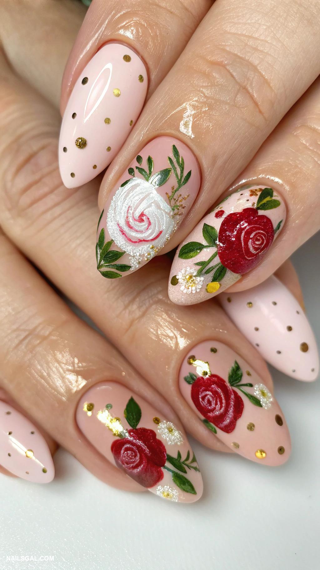 roses nails Seasonal roses with dots and sparkles