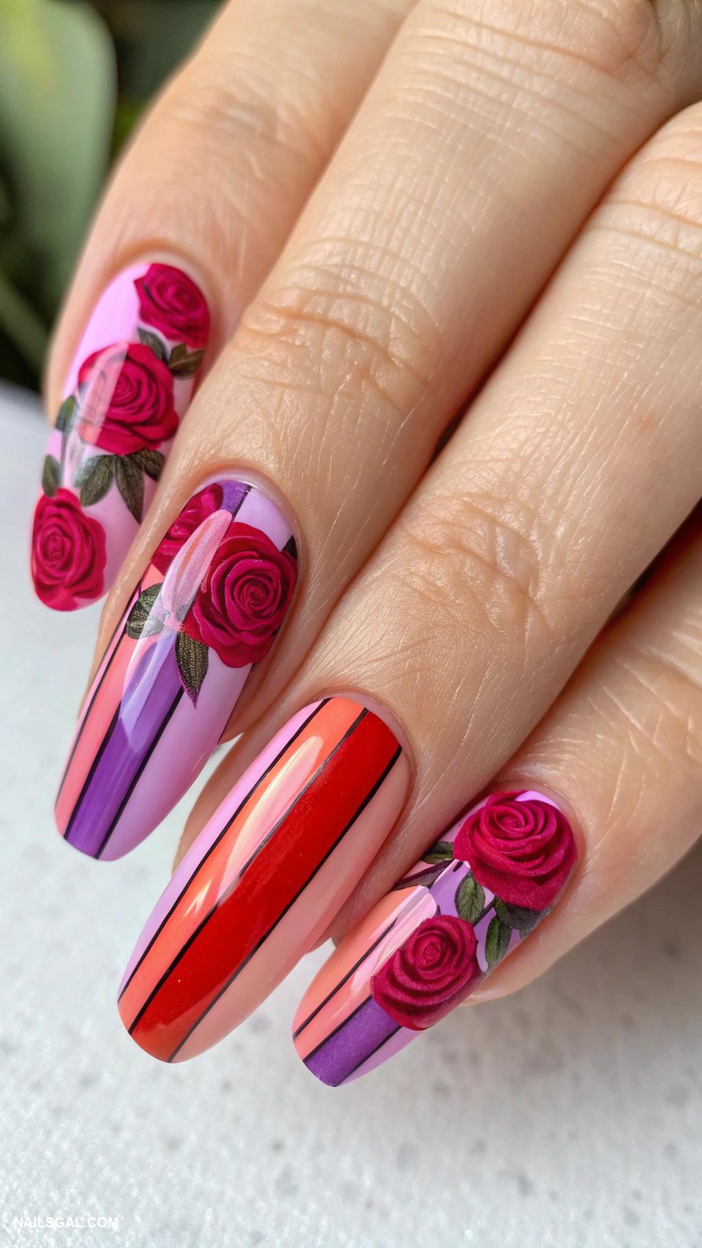roses nails Vertical rose stripes in vibrant colors