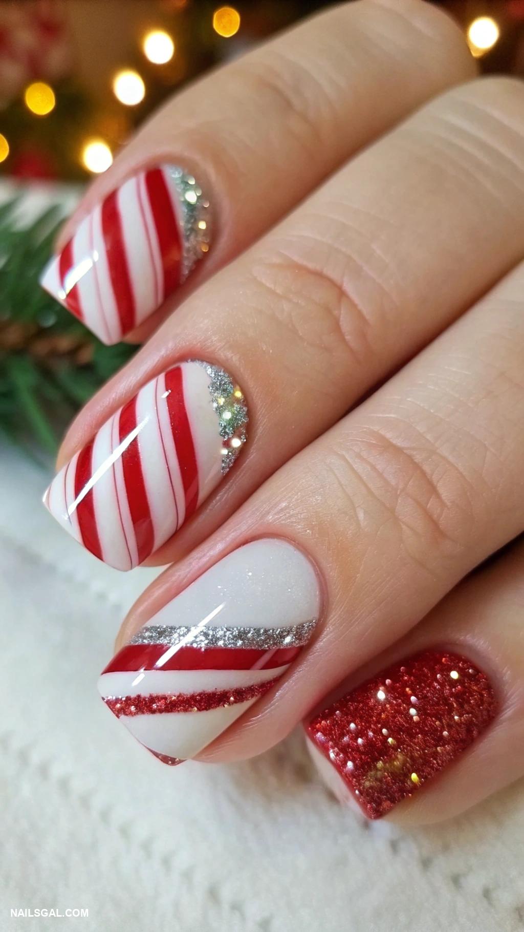 short christmas nails Candy cane stripes with glitter tips