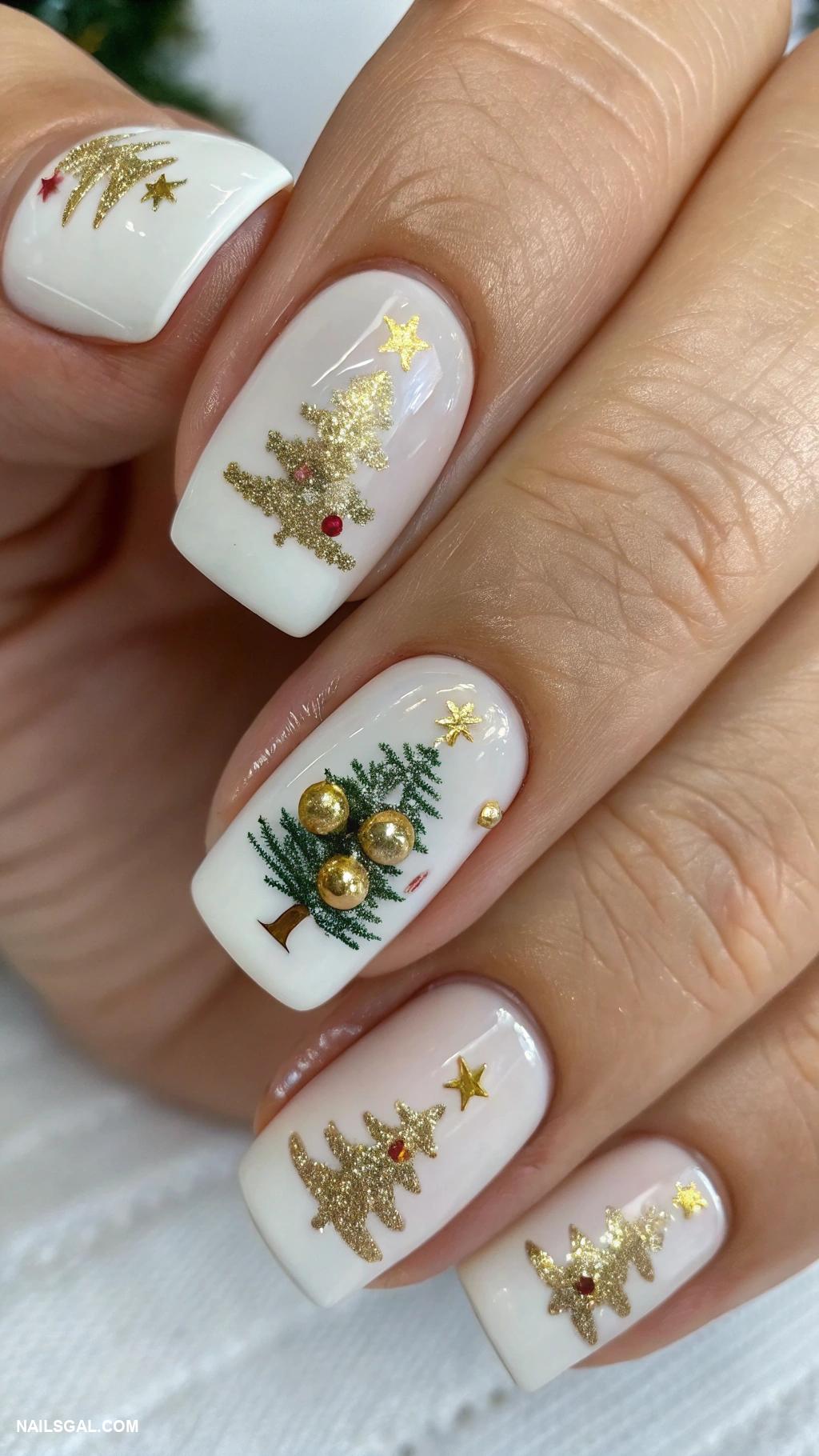 short christmas nails Christmas tree with gold ornaments
