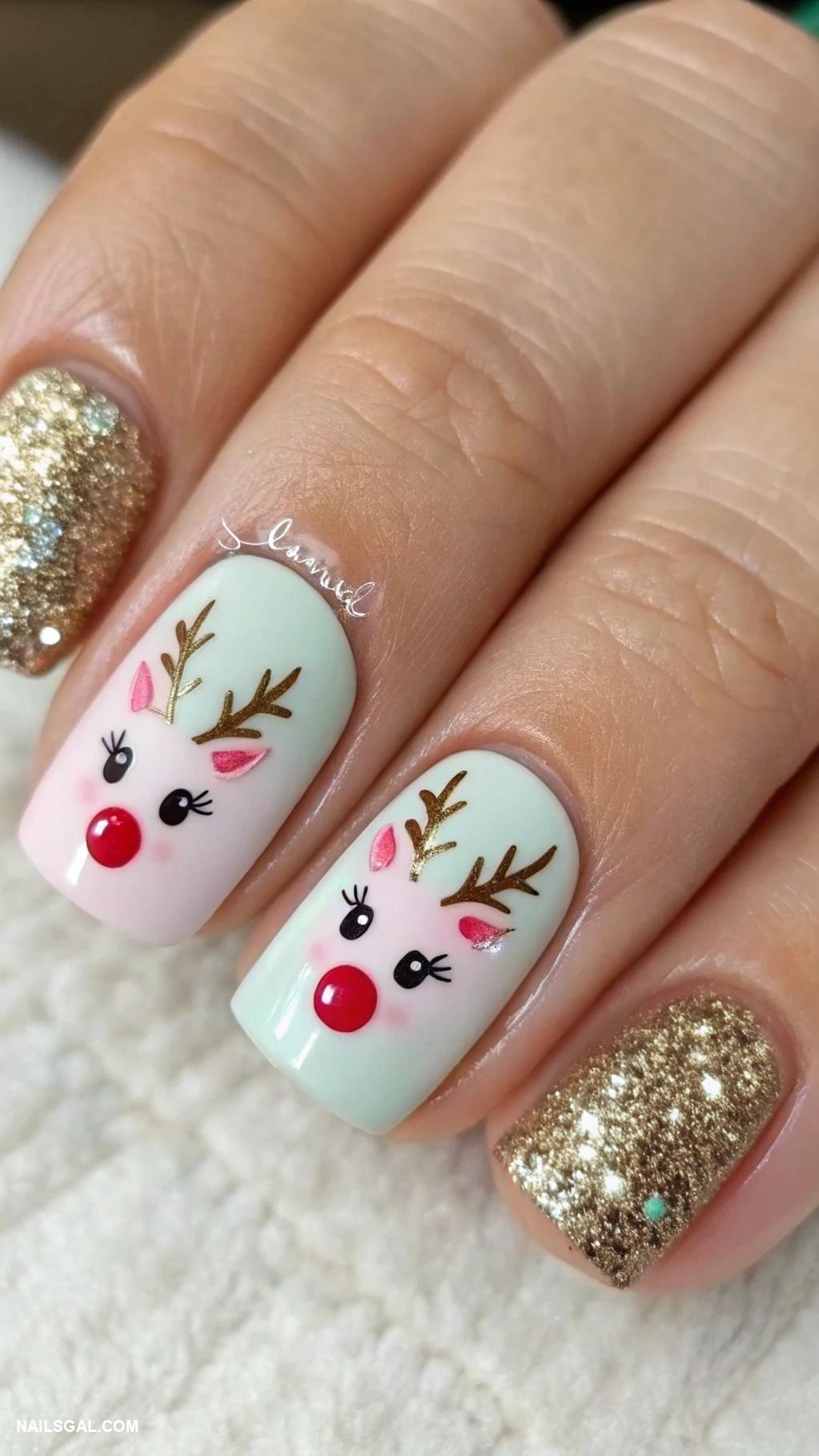 short christmas nails Cute reindeer with a red nose