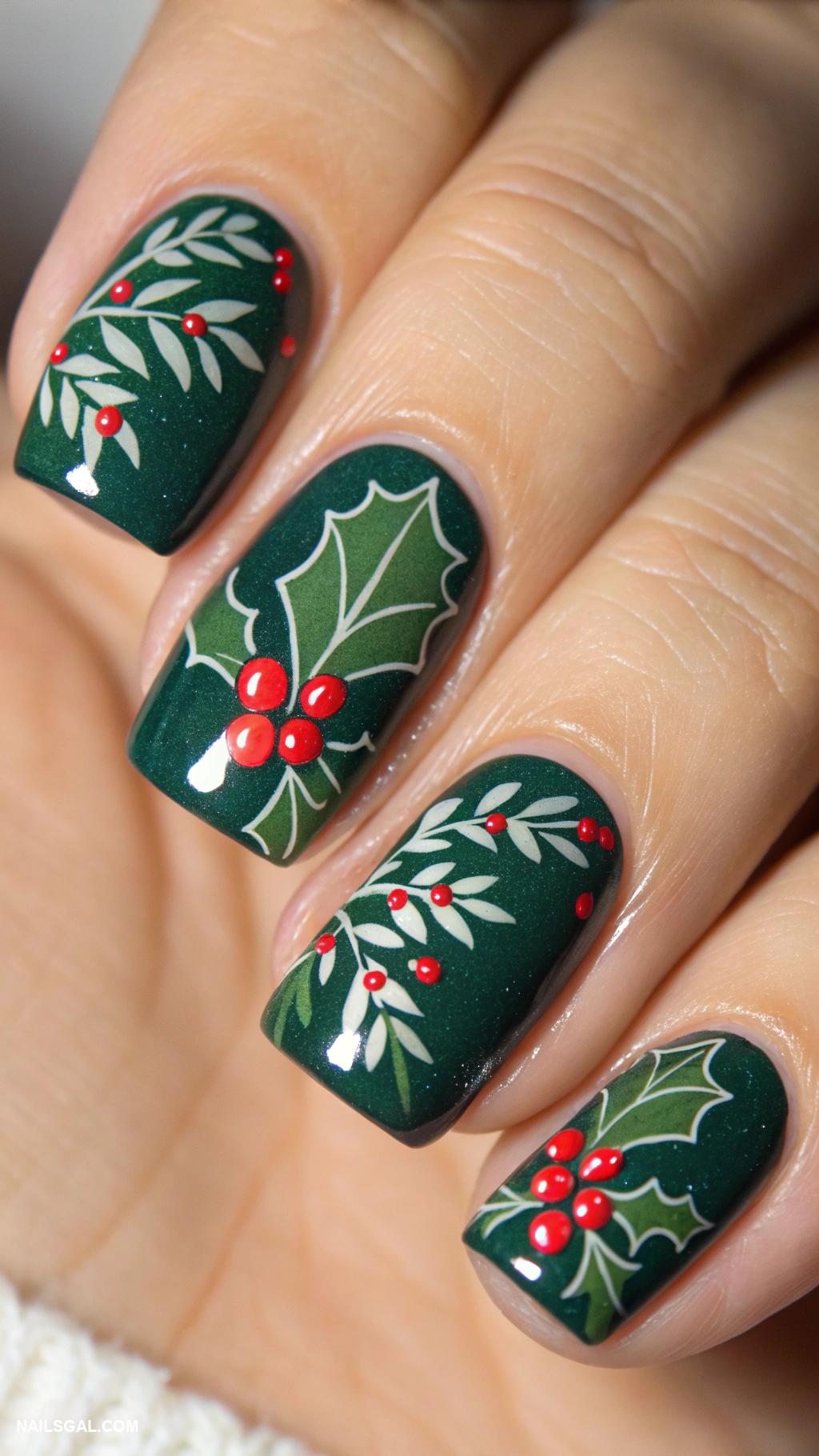 short christmas nails Festive holly leaves on dark green