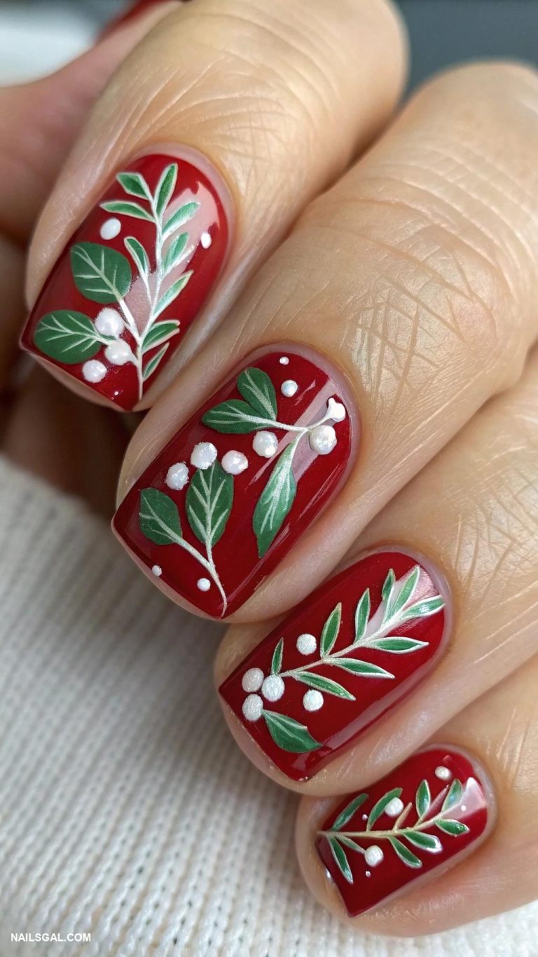 short christmas nails Mistletoe design with green and red