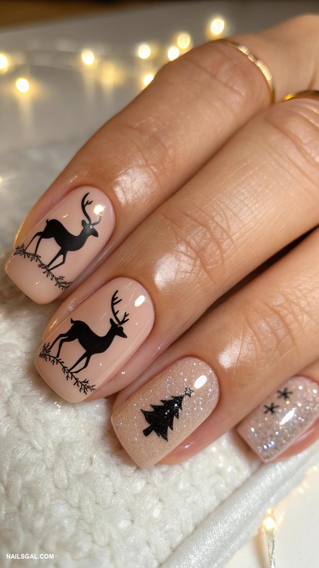 short christmas nails Prancing deer silhouette on nude