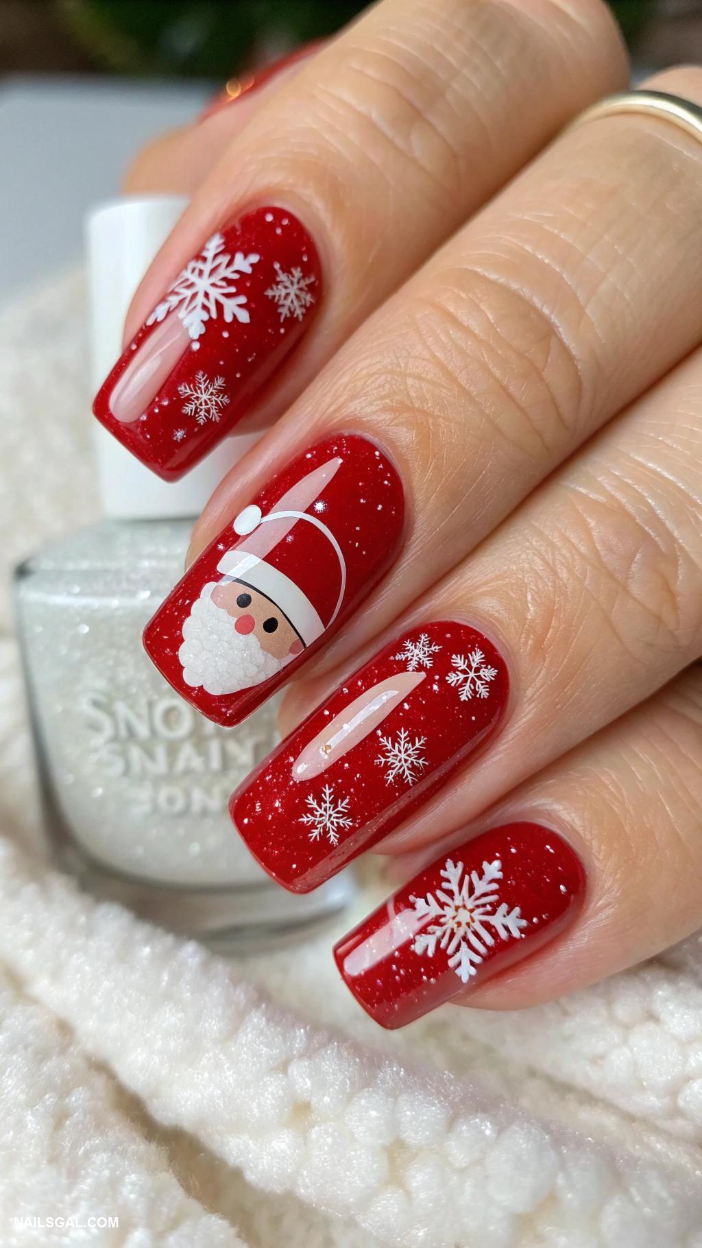 short christmas nails Santa hat on a red nail