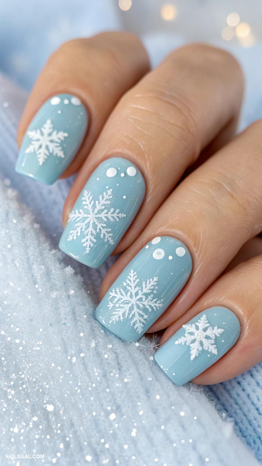 short christmas nails Snowflakes on a soft blue background