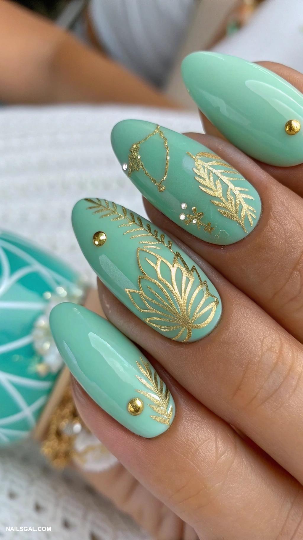 sicily nails Seafoam green with gold accents