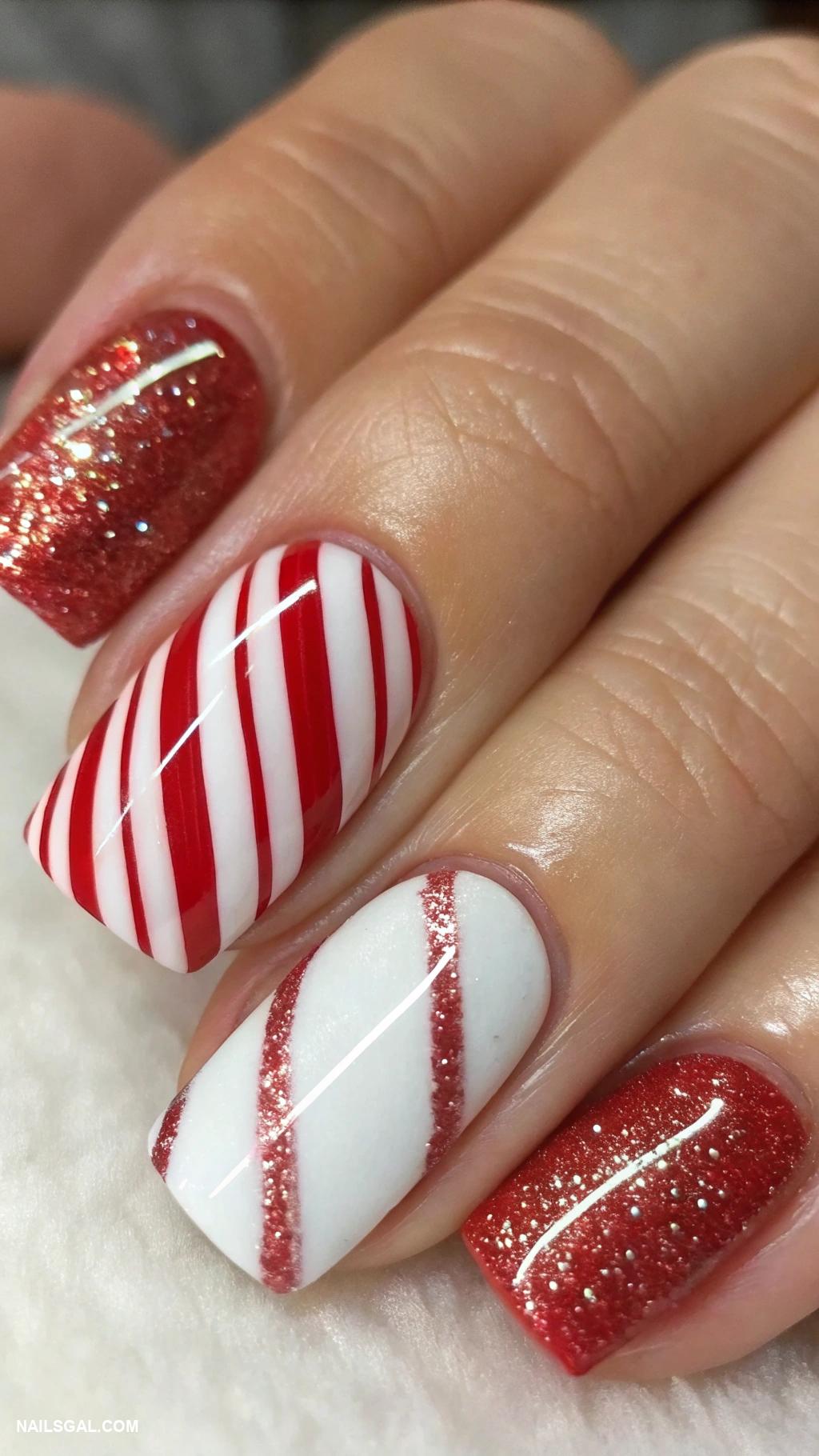 simple holiday nails Candy cane diagonal lines